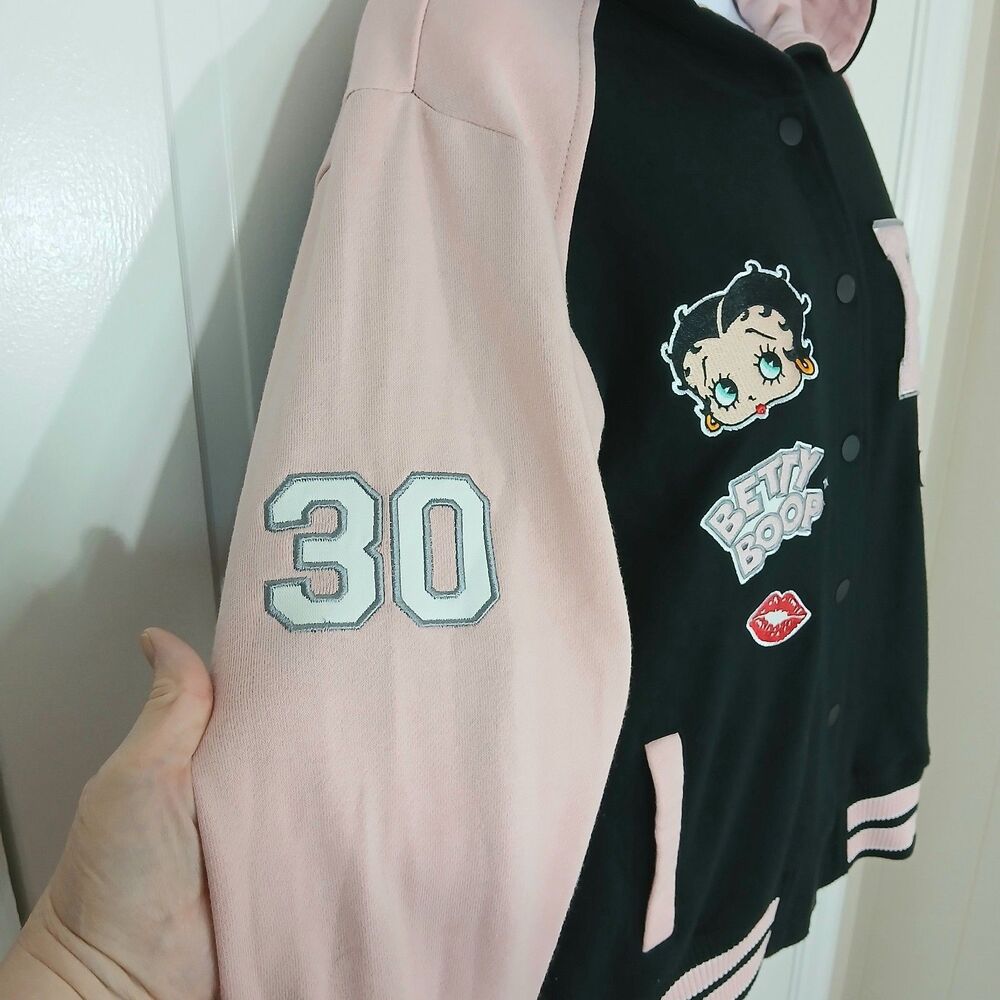 ​Universal Studios Betty Boop Varsity Jacket Large Pink Black Hoodie Letterman - Picture 6 of 16